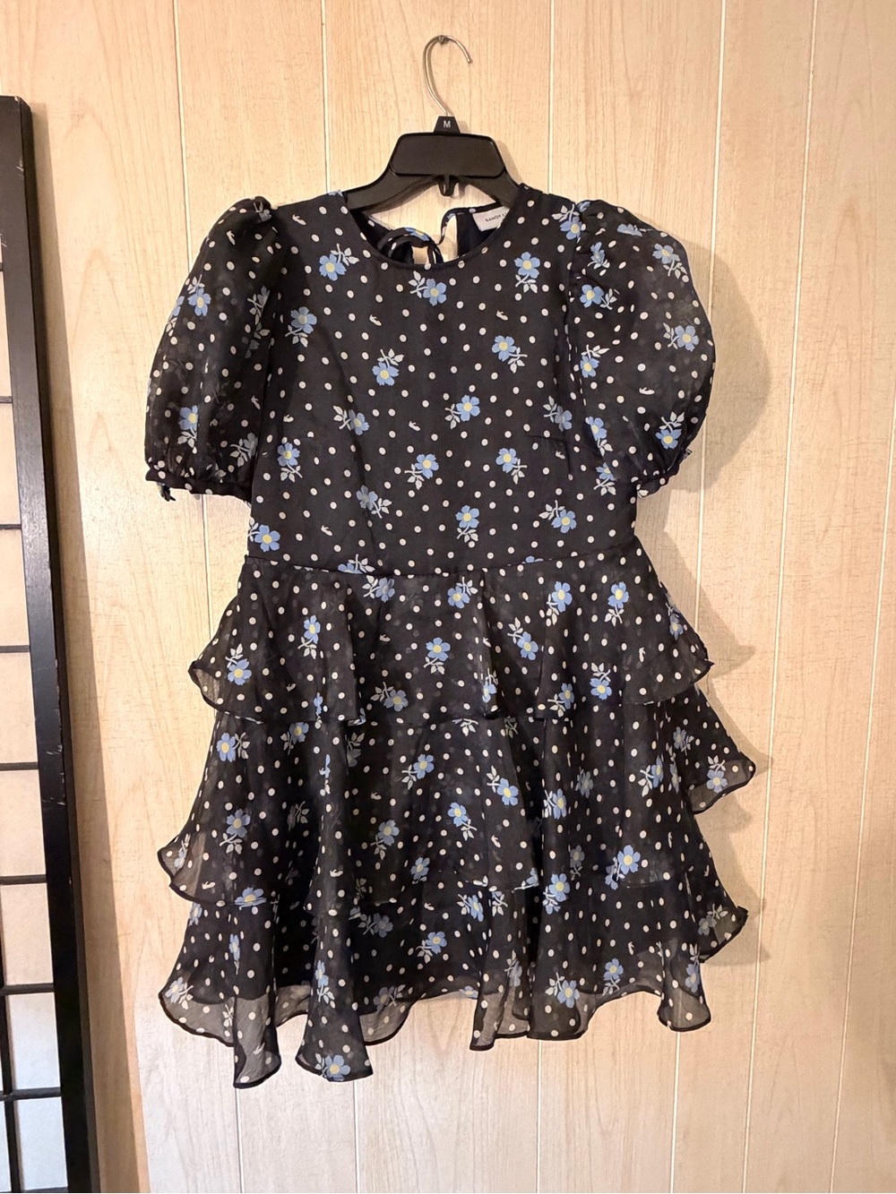 Sandy Liang Black Dress with Blue Floral and White Dots